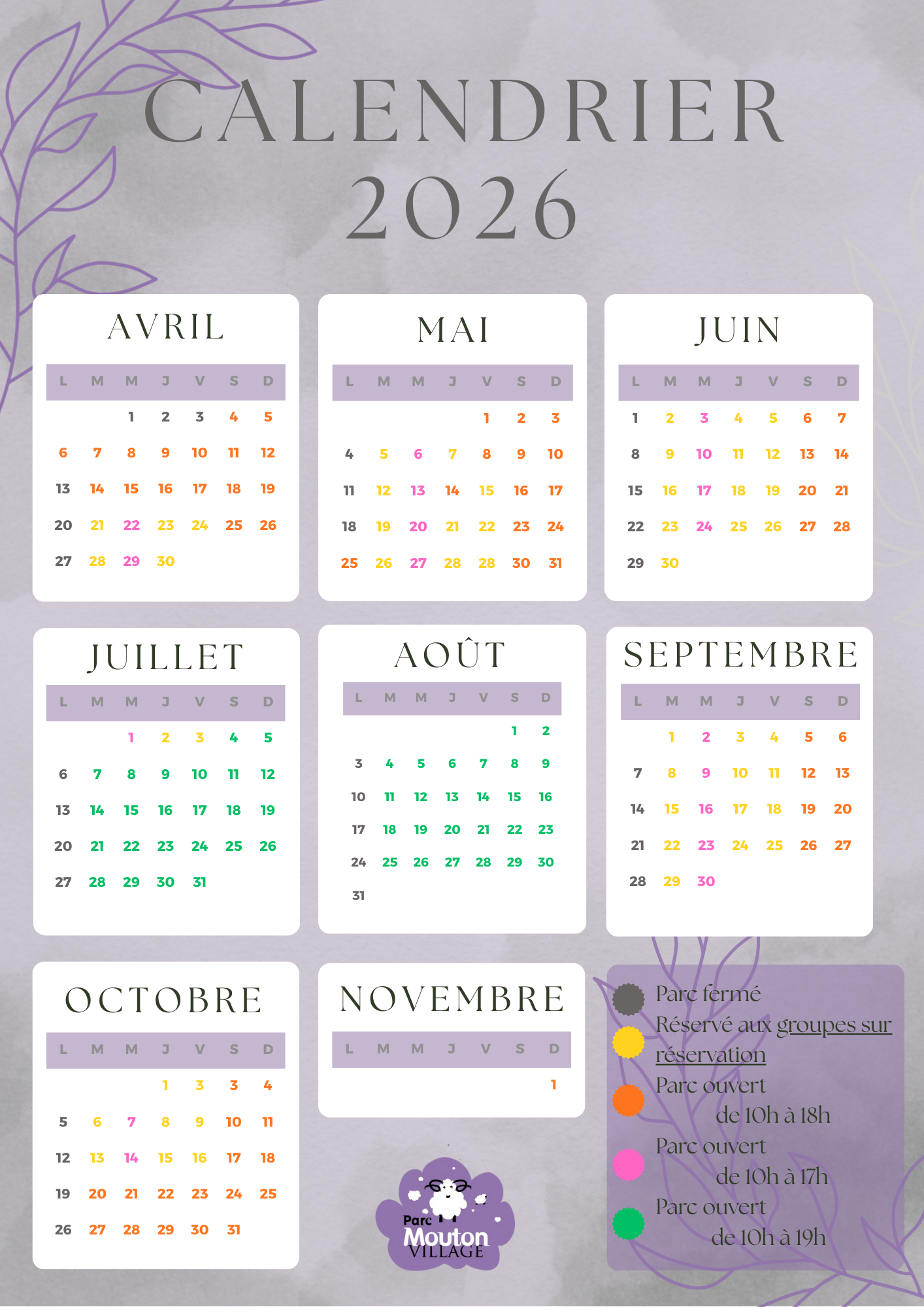 Calendrier parc 2026